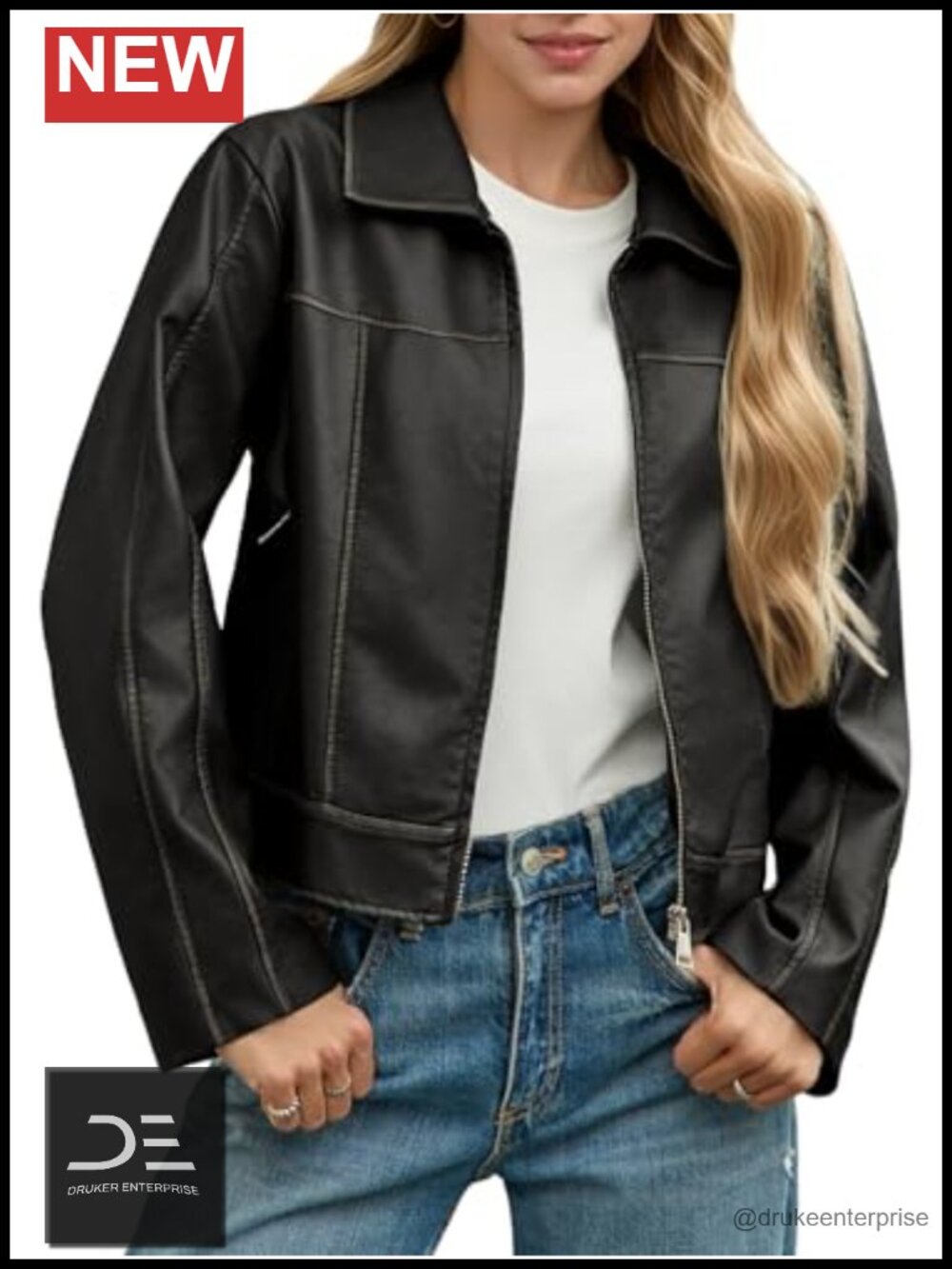 Faux Leather Zip Up Moto Biker Jacket Collared Cropped
